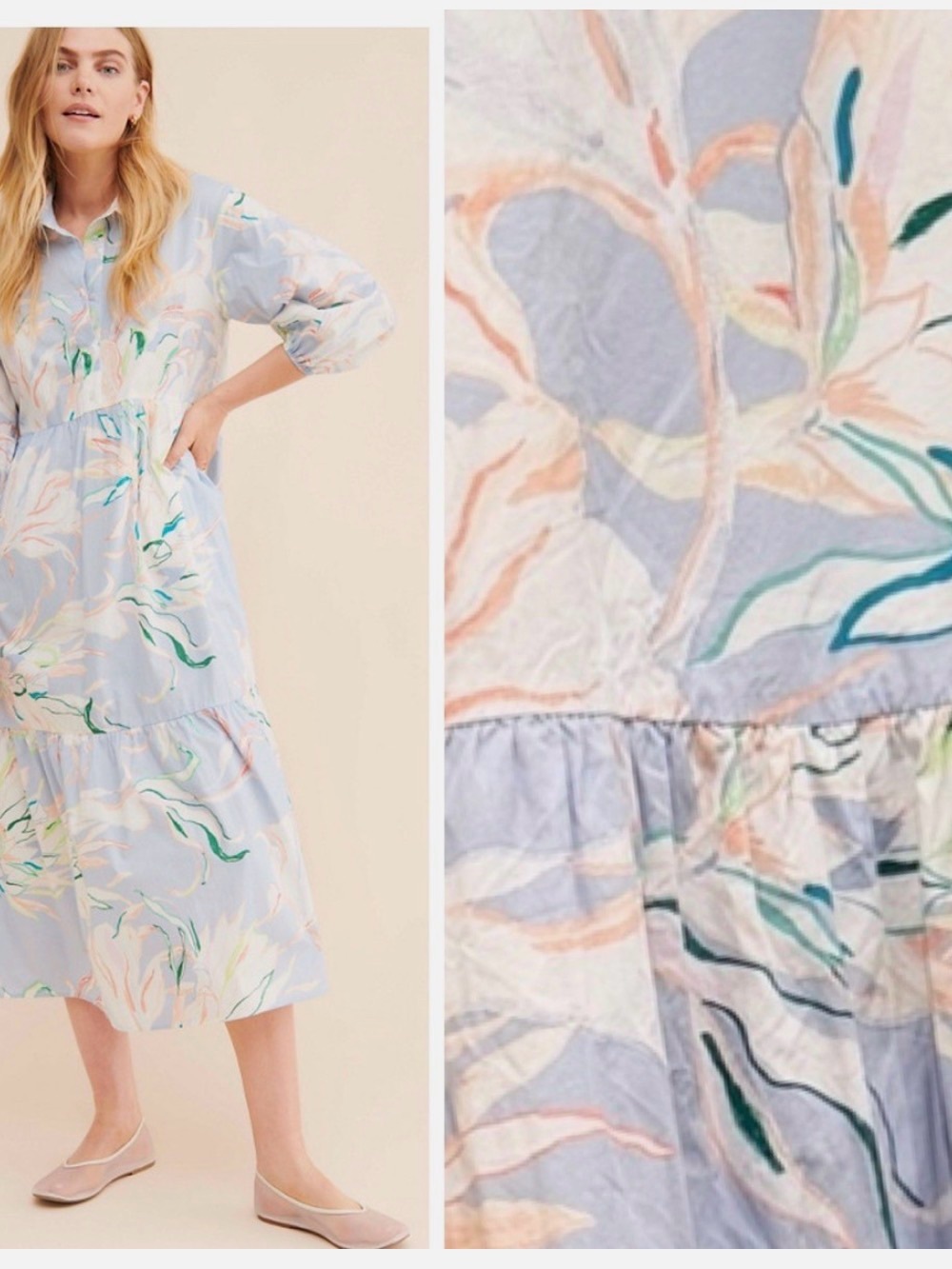 Anthropologie Pastel Blue Floral Maxi Shirt Dress